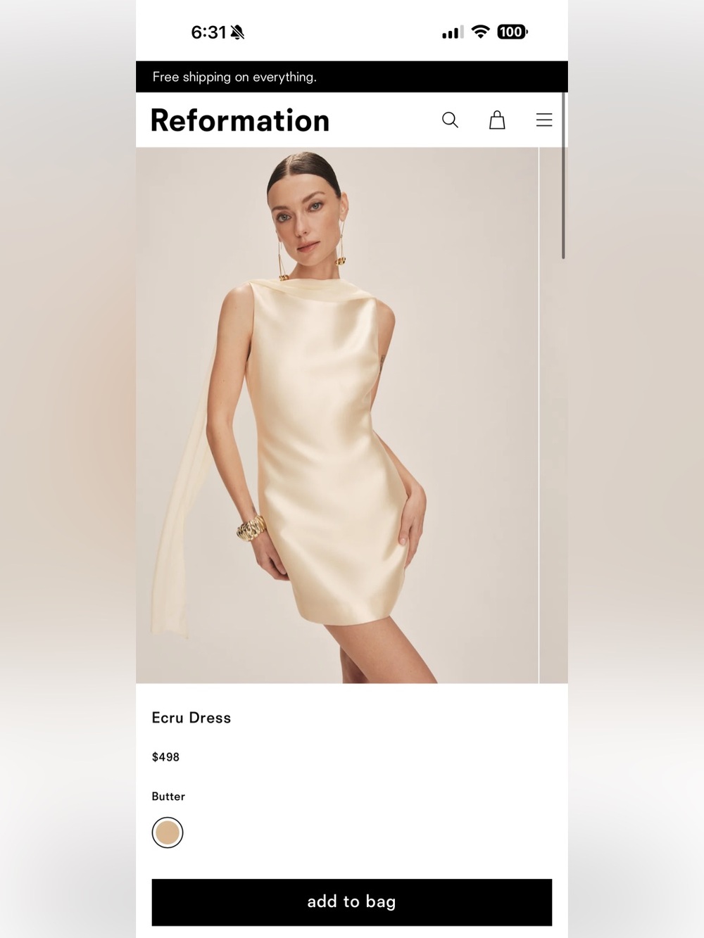 Reformation Butter Ecru Satin Mini Dress